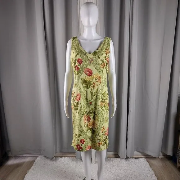 Talbots Yellow Green Floral Sleeveless 100% Cotton A-Line Midi Dress Size 10 - Picture 2 of 11
